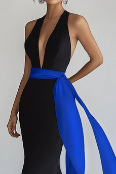 Royal Blue Sleeveless Long Deep V-Neck Black Tie Dress