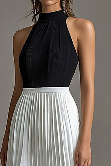 White A Line Halter Neck Long Black Tie Dress with Pleated