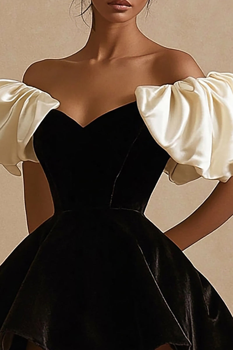 Load image into Gallery viewer, A Line Ivory Short Little Black Dress with Ruffles