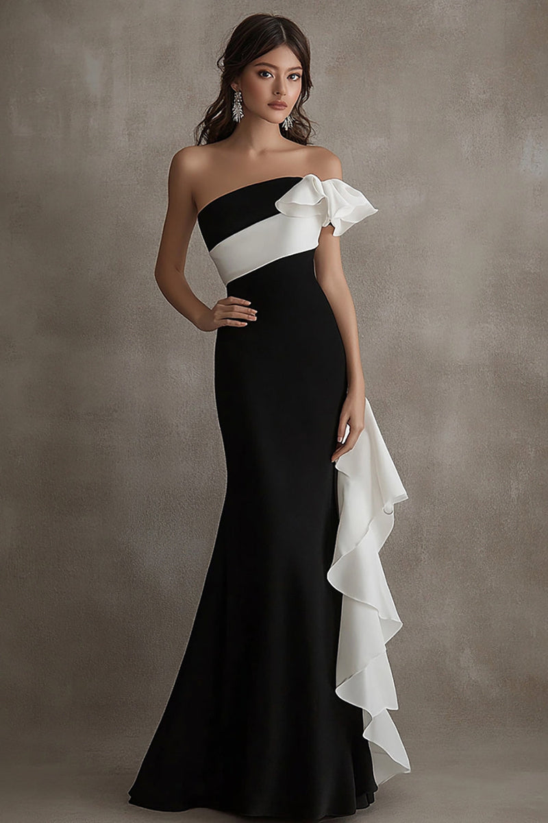 Load image into Gallery viewer, White Sheath Long Black Tie Dress with Ruffles