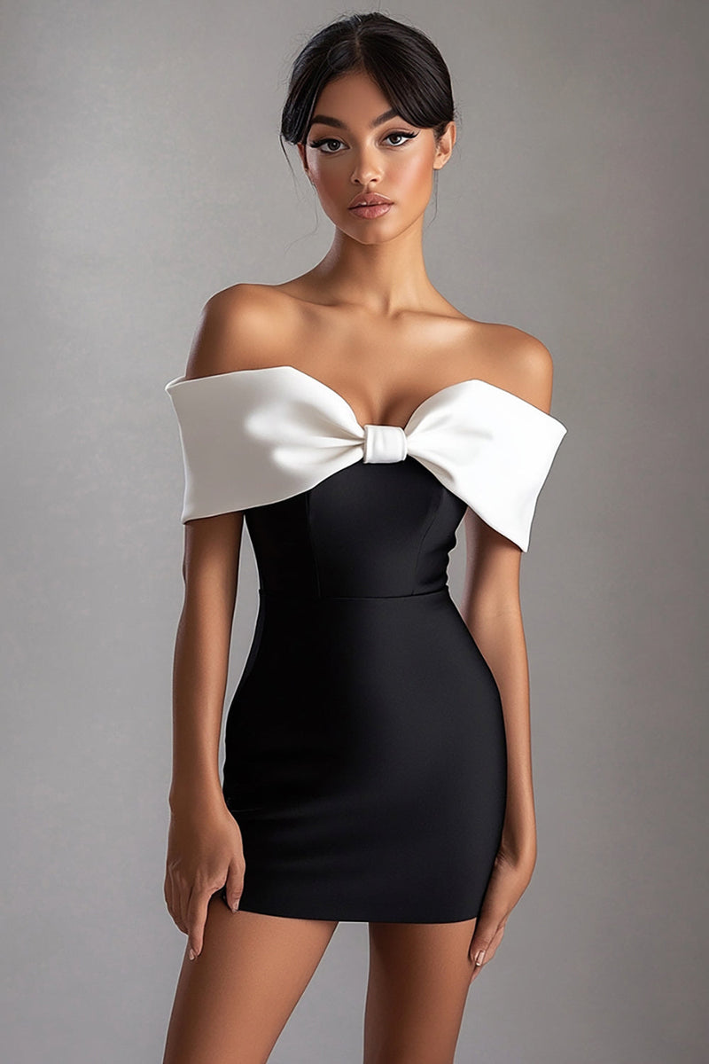 Load image into Gallery viewer, White Sheath Short Little Black Dress with Bow
