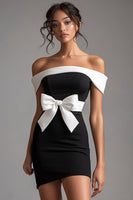 Load image into Gallery viewer, Black Off the Shoulder White Short Little Black Dress with Bow