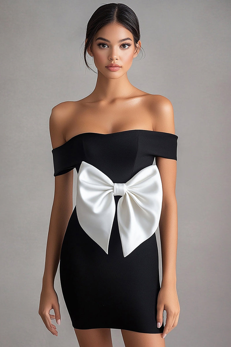 Load image into Gallery viewer, White Off the Shoulder Short Little Black Dress with Bow