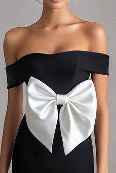 White Off the Shoulder Short Little Black Dress with Bow