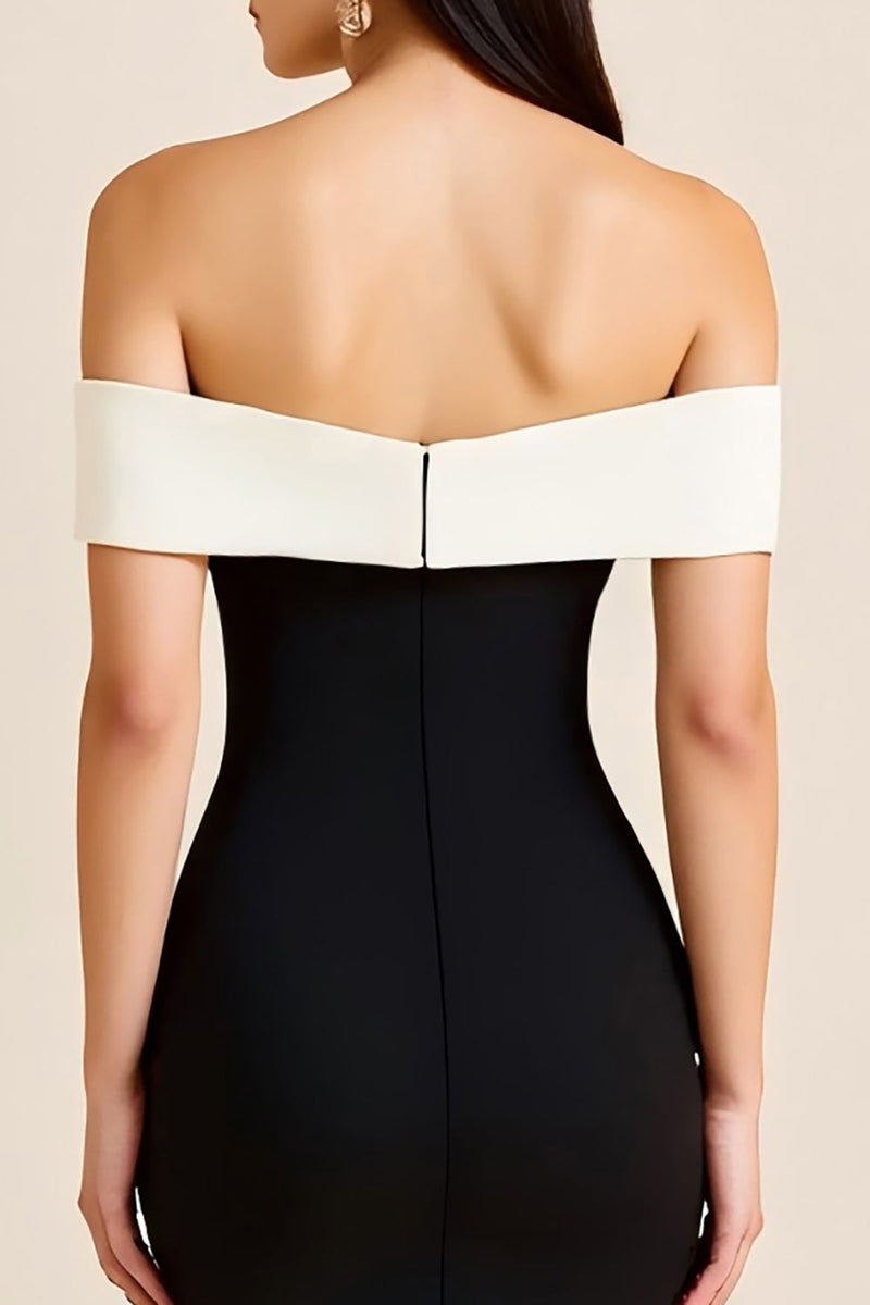 Load image into Gallery viewer, White Sheath Off the Shoulder Satin Long Black Tie Dress