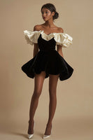Load image into Gallery viewer, Ivory A Line Ruched Short Little Black Dress with Ruffles