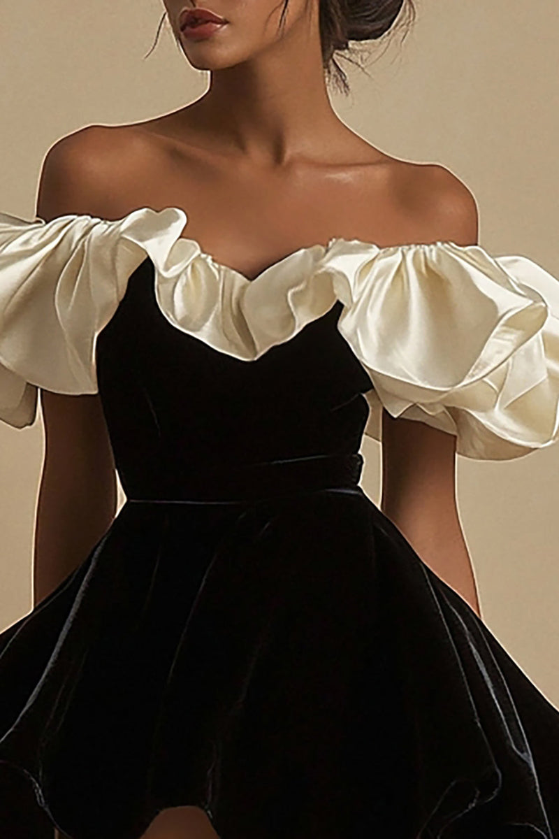 Load image into Gallery viewer, Ivory A Line Ruched Short Little Black Dress with Ruffles