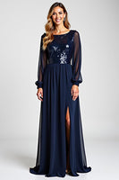Load image into Gallery viewer, Navy Chiffon Long Sleeves Long Mother of the Bride Dress with Sequins