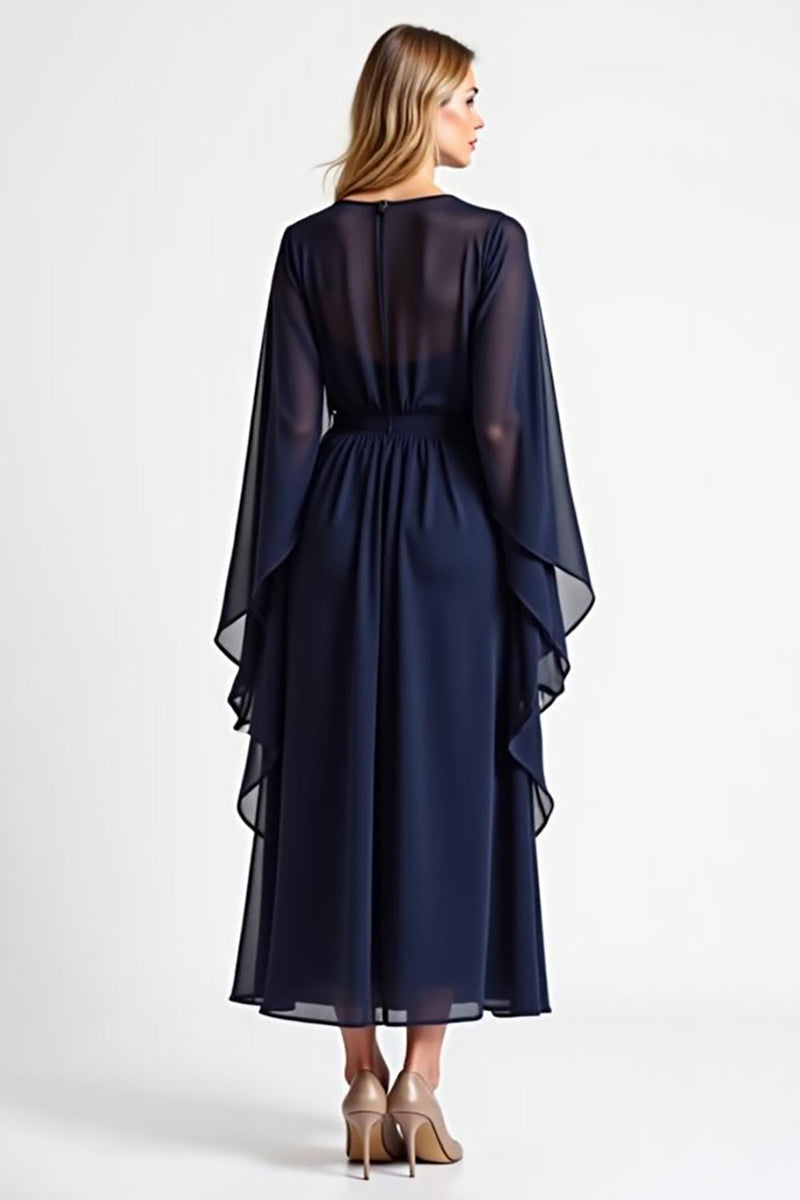 Load image into Gallery viewer, Navy Chiffon Long Sleeves Long Mother of the Bride Dress with Ruffles