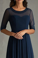 Load image into Gallery viewer, Scoop Navy Illusion Neck Long Formal Dress with Short Sleeves