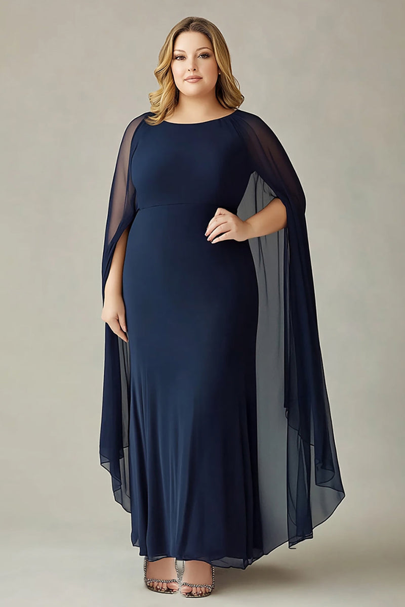 Load image into Gallery viewer, Navy Plus Size Chiffon Long Mother of the Bride Dress with Back Cape