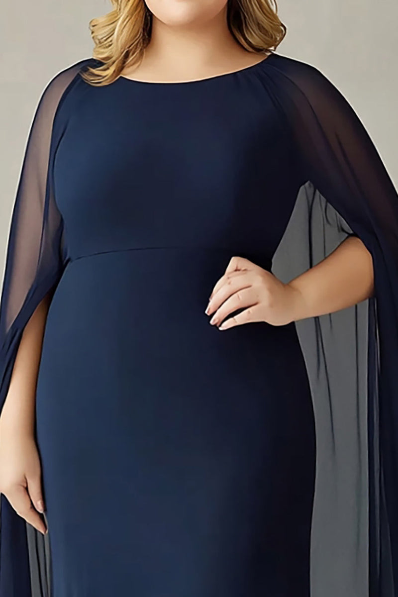 Load image into Gallery viewer, Navy Plus Size Chiffon Long Mother of the Bride Dress with Back Cape