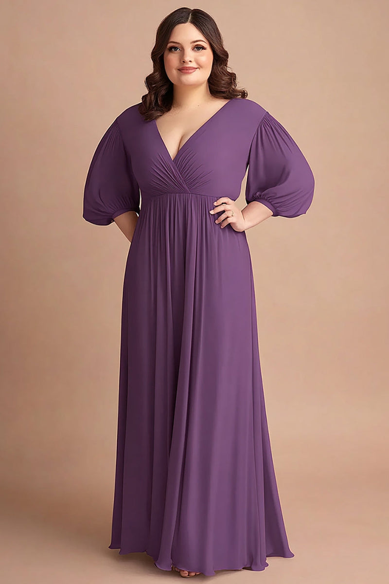 Load image into Gallery viewer, Plum Plus Size V-Neck Chiffon Long Mother of the Bride Dress with Long Sleeves