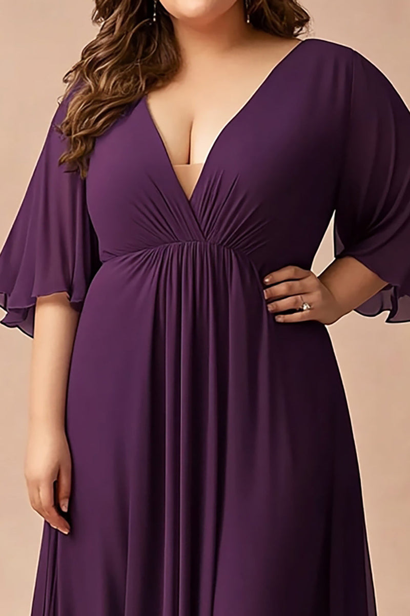 Load image into Gallery viewer, Dark Purple Plus Size V-Neck Chiffon Long Mother of the Bride Dress with Long Sleeves