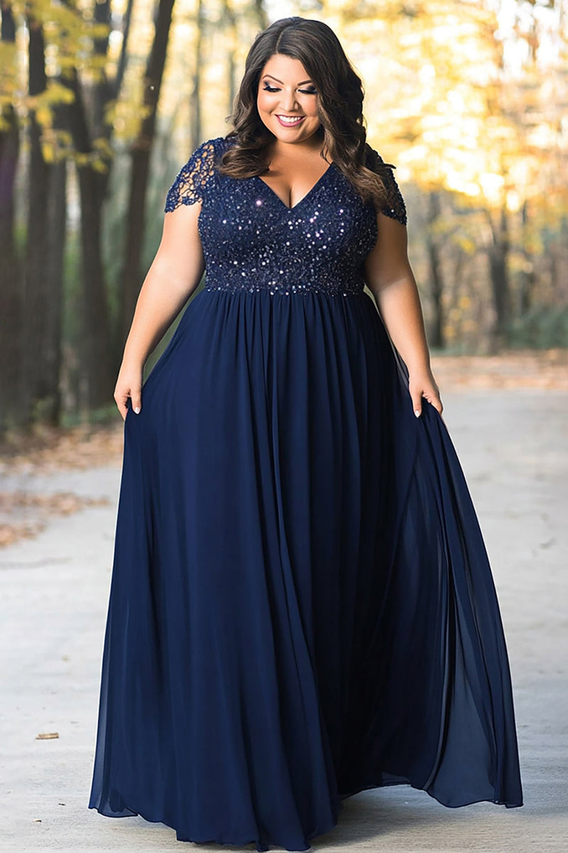 Load image into Gallery viewer, Navy Plus Size Lace A Line Long Mother of the Bride Dress