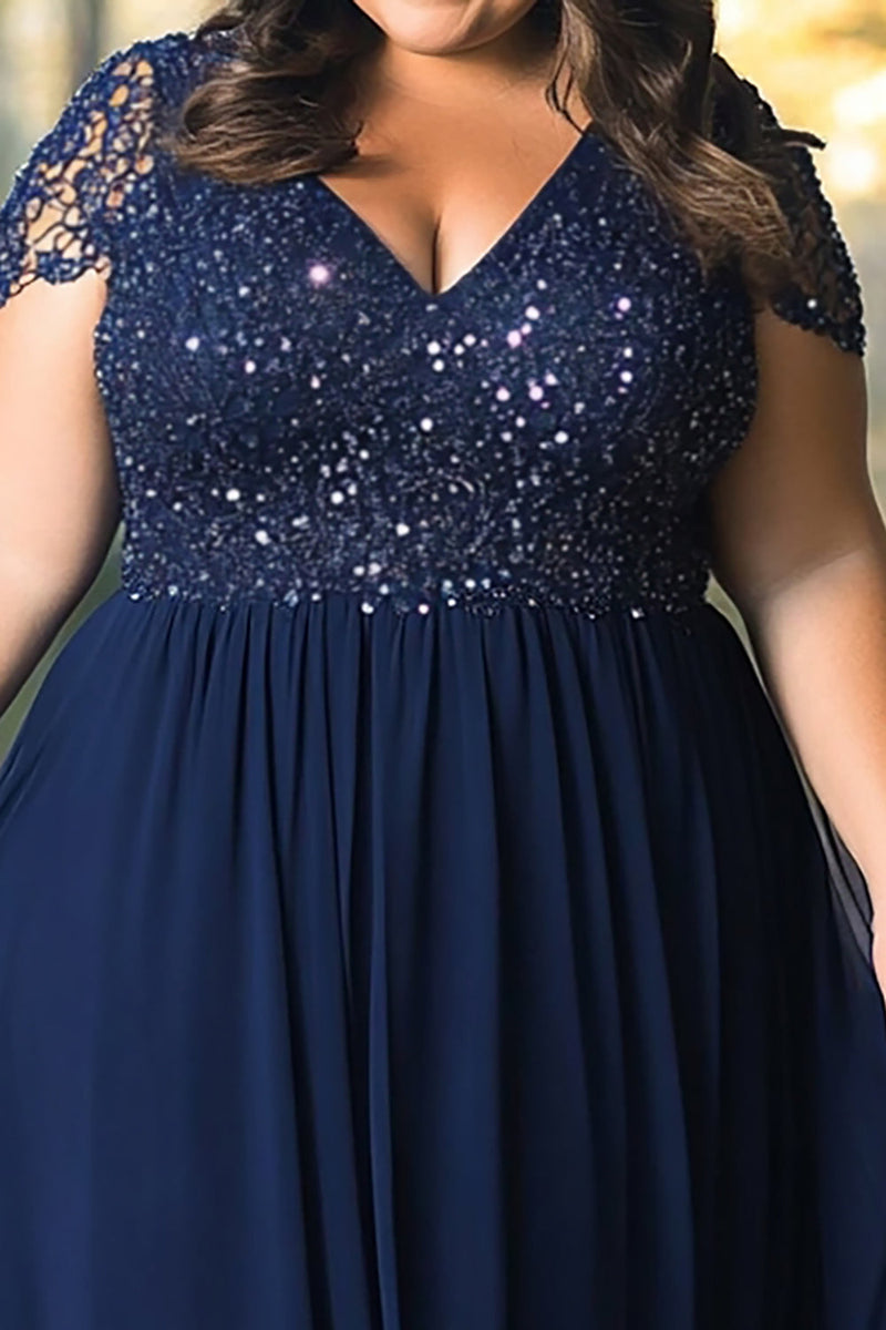 Load image into Gallery viewer, Navy Plus Size Lace A Line Long Mother of the Bride Dress
