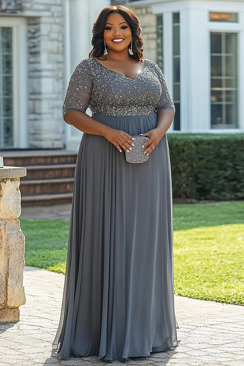 Load image into Gallery viewer, Grey Beaded A Line Plus Size Long Mother of the Bride Dress
