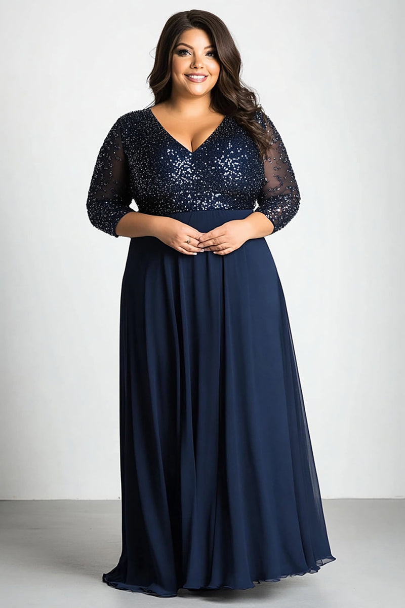 Load image into Gallery viewer, Plus Size Navy A Line V-Neck Long Mother of the Bride Dress