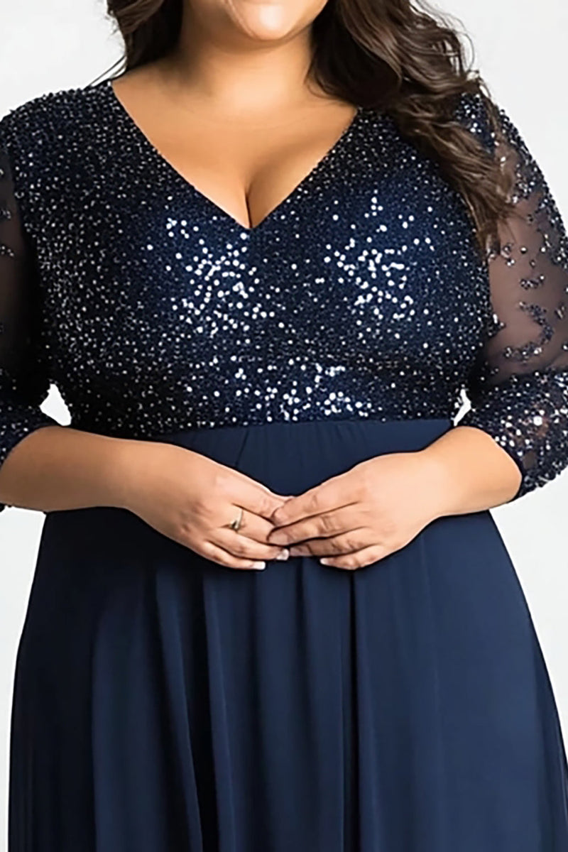 Load image into Gallery viewer, Plus Size Navy A Line V-Neck Long Mother of the Bride Dress