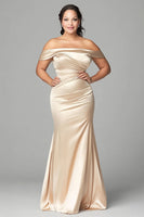 Load image into Gallery viewer, Plus Size Off the Shoulder Champagne Satin Long Mother of the Bride Dress