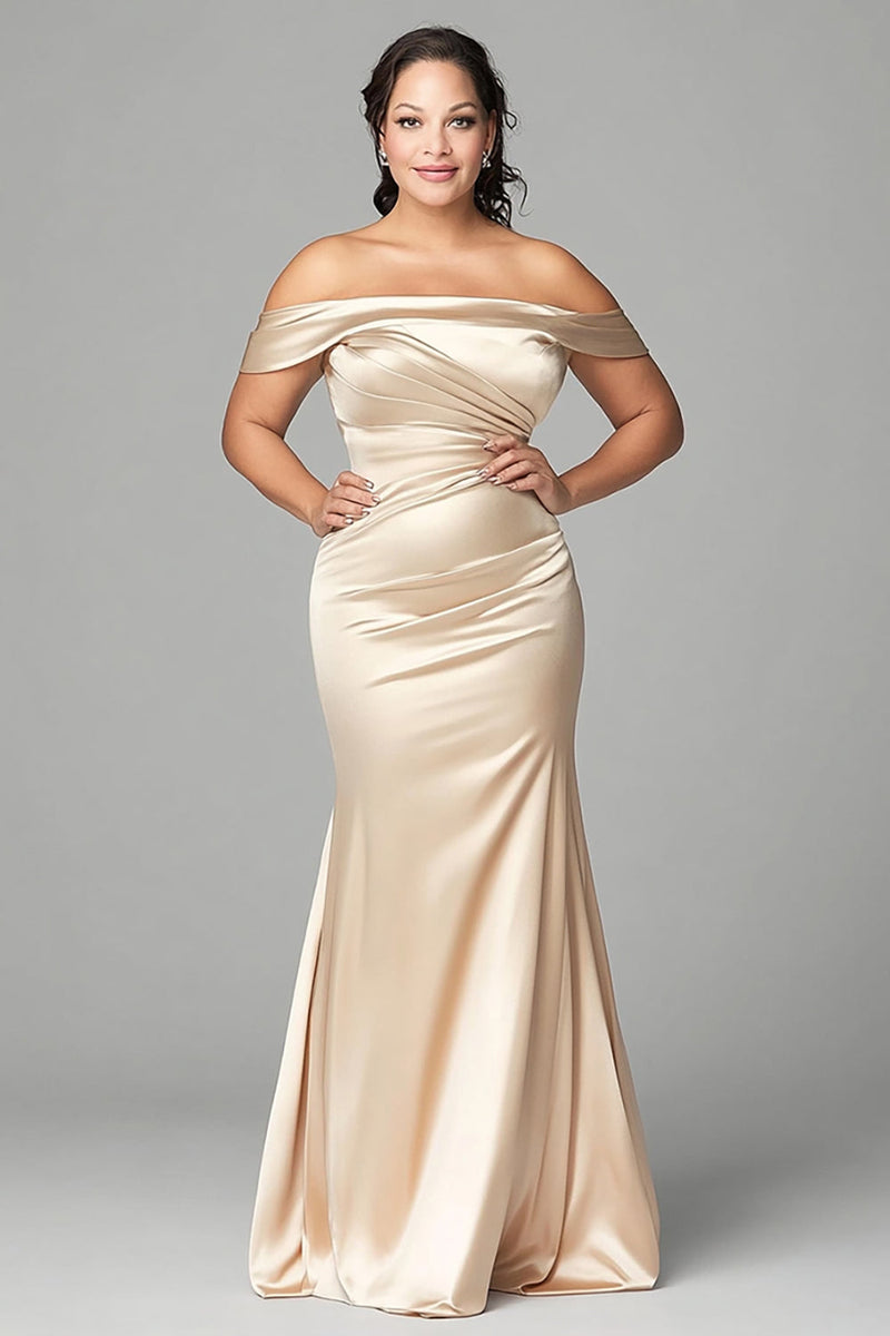 Load image into Gallery viewer, Plus Size Off the Shoulder Champagne Satin Long Mother of the Bride Dress