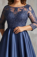 Load image into Gallery viewer, Navy Lace Satin Plus Size Long Mother of the Bride Dress