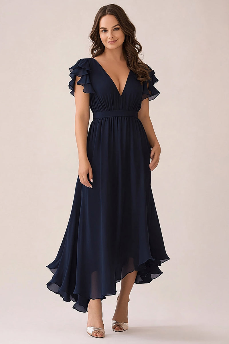 Load image into Gallery viewer, Navy V-Neck Chiffon Plus Size Long Mother of the Bride Dress