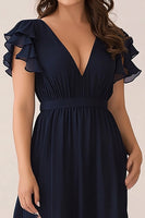 Load image into Gallery viewer, Navy V-Neck Chiffon Plus Size Long Mother of the Bride Dress