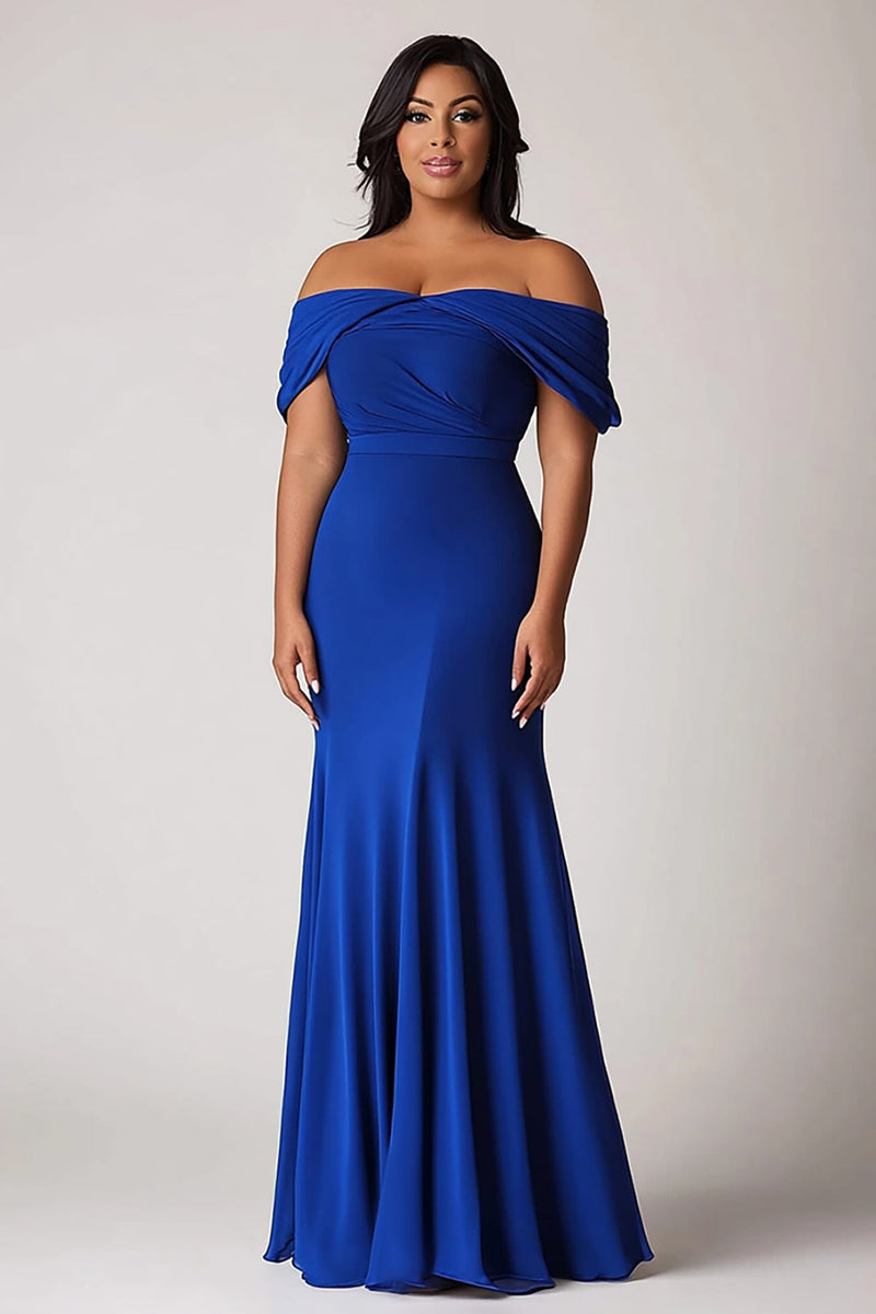 Load image into Gallery viewer, Royal Blue Off the Shoulder Sheath Plus Size Long Mother of the Bride Dress