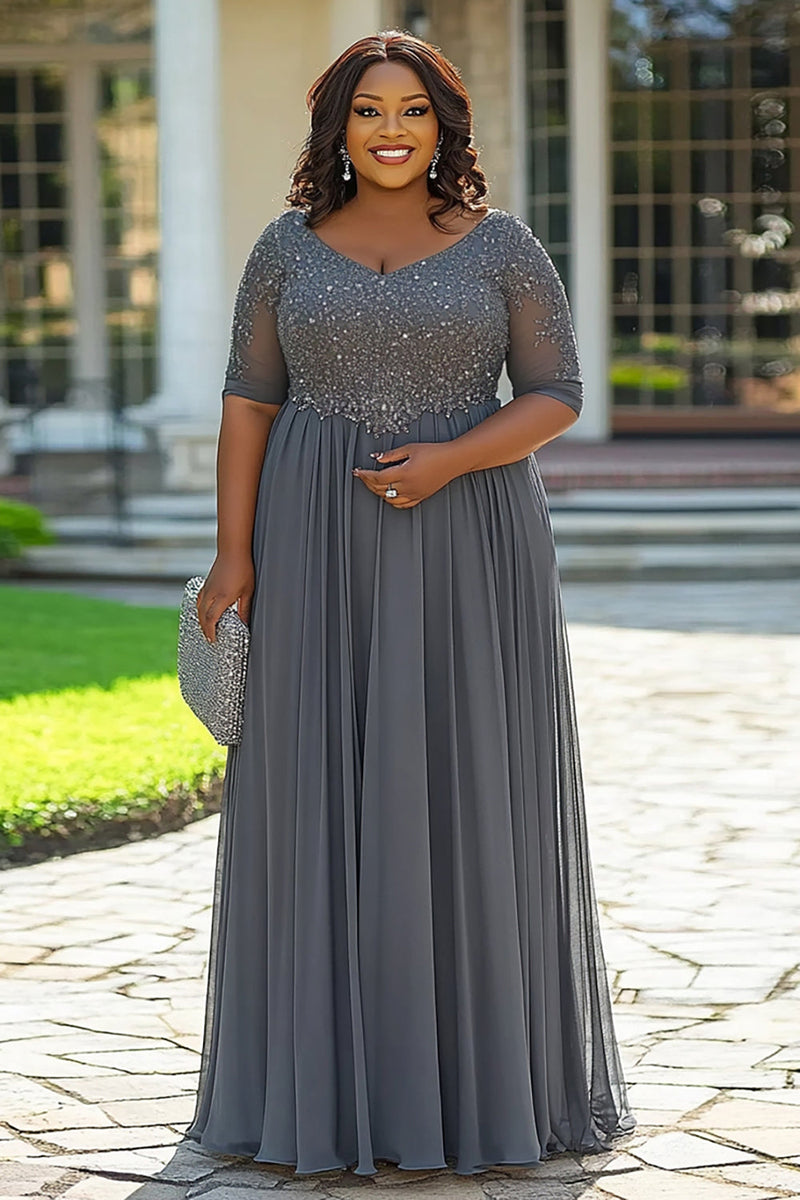 Load image into Gallery viewer, Grey A Line Appliqued Plus Size Long Mother of the Bride Dress