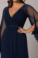Load image into Gallery viewer, Navy V-Neck Sleeves Long Plus Size Mother of the Bride Dress