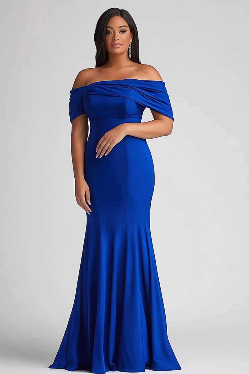 Load image into Gallery viewer, Royal Blue Off the Shoulder Satin Long Plus Size Mother of the Bride Dress