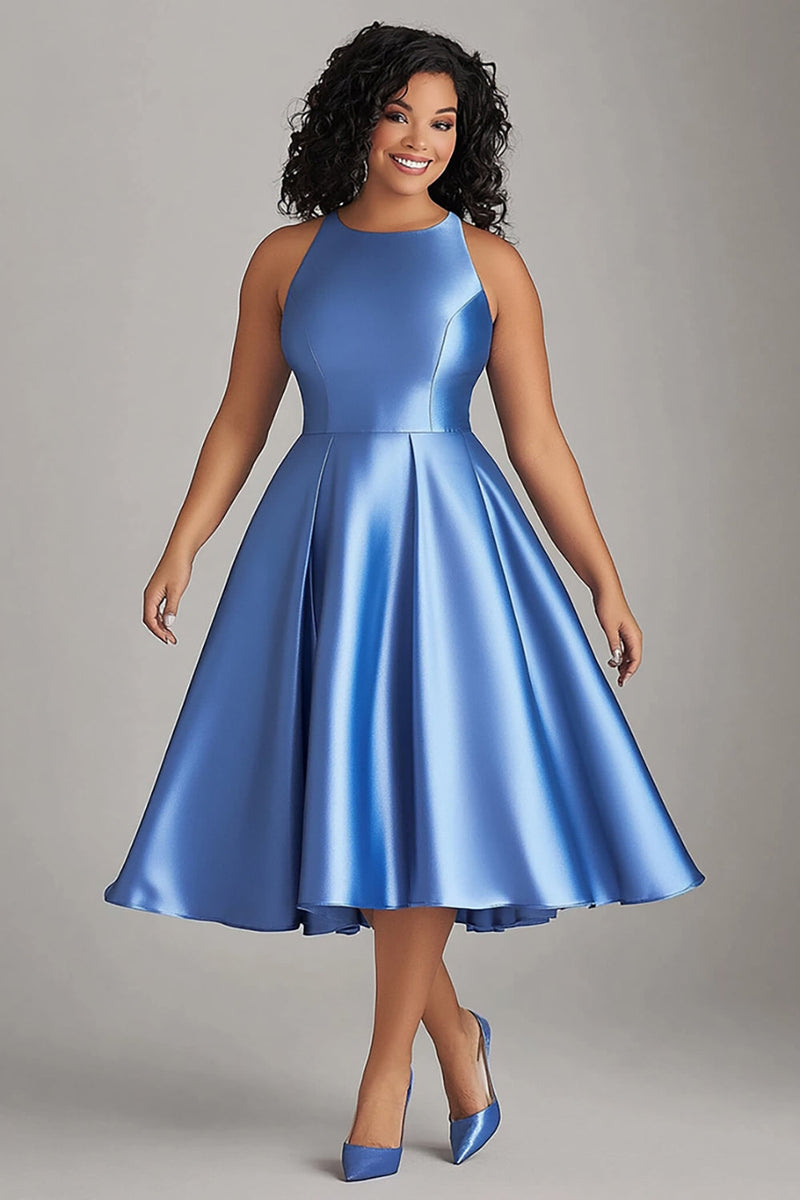 Load image into Gallery viewer, A Line Blue Scoop Knee-Length Plus Size Mother of the Bride Dress