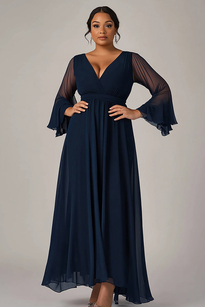 Load image into Gallery viewer, Navy V-Neck Chiffon Long Plus Size Mother of the Bride Dress