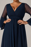 Load image into Gallery viewer, Navy V-Neck Chiffon Long Plus Size Mother of the Bride Dress