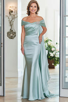 Load image into Gallery viewer, Mint Mermaid Satin Off the Shoulder Long Mother of the Bride Dress