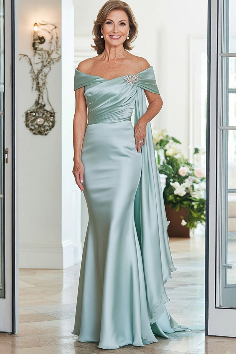 Load image into Gallery viewer, Mint Mermaid Satin Off the Shoulder Long Mother of the Bride Dress