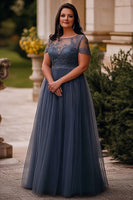 Load image into Gallery viewer, Plus Size Grey Blue A Line Long Tulle Mother of the Bride Dress