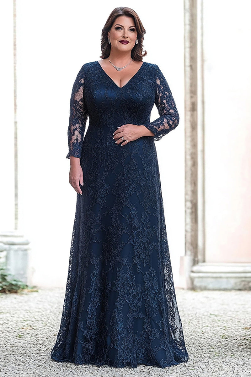 Load image into Gallery viewer, Plus Size Navy Sheath Lace V-Neck Long Mother of the Bride Dress with Sleeves