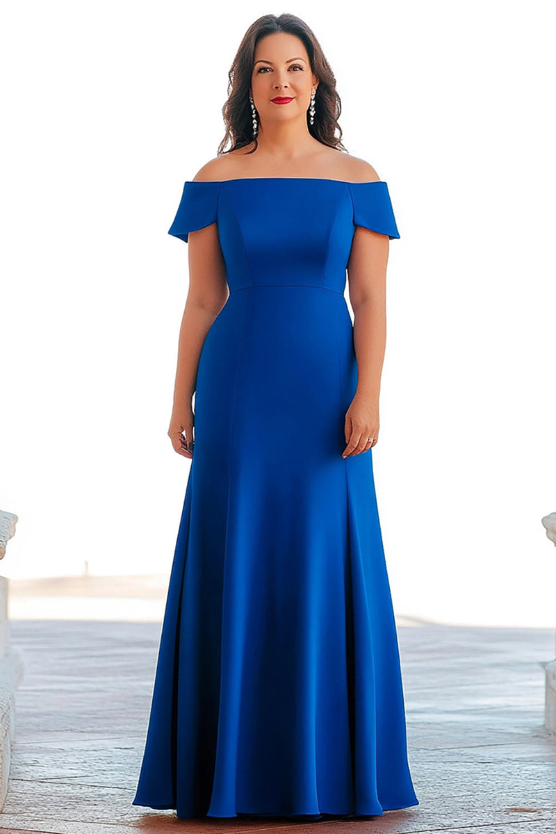 Load image into Gallery viewer, Royal Blue A Line Satin Off the Shoulder Long Mother of the Bride Dress