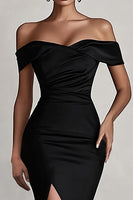 Load image into Gallery viewer, Black Mermaid Off the Shoulder Satin Long Evening Dress with Slit