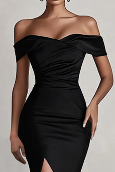 Black Mermaid Off the Shoulder Satin Long Evening Dress with Slit