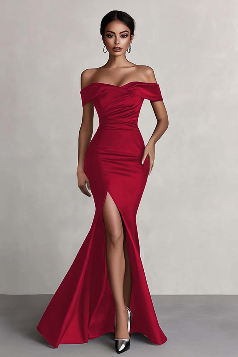 Load image into Gallery viewer, Black Mermaid Off the Shoulder Satin Long Evening Dress with Slit
