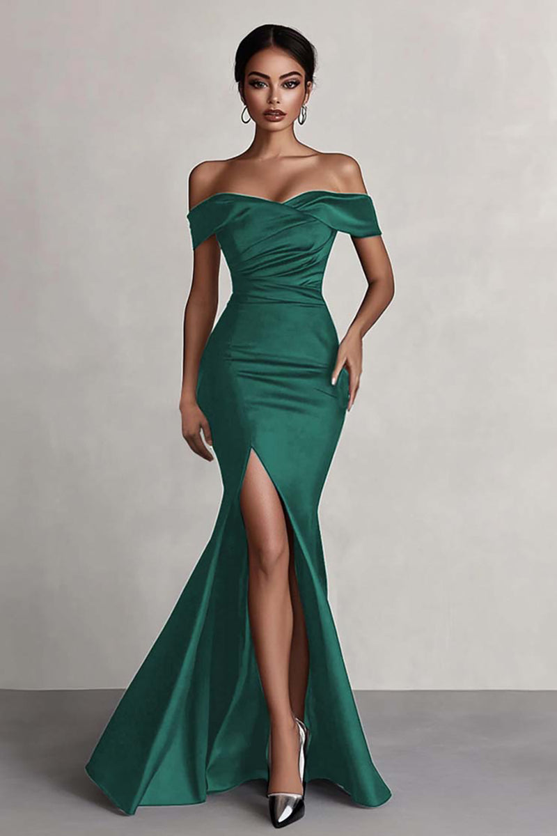 Load image into Gallery viewer, Black Mermaid Off the Shoulder Satin Long Evening Dress with Slit