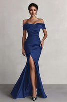Load image into Gallery viewer, Black Mermaid Off the Shoulder Satin Long Evening Dress with Slit