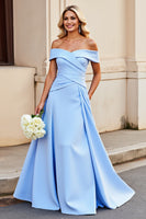 Load image into Gallery viewer, Light Blue A Line Satin Long Prom Dress