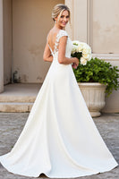 Load image into Gallery viewer, Ivory Satin V Neck A Line Sweep Train Wedding Dress with Appliques