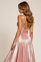 Load image into Gallery viewer, Sparkly Dusty Rose Deep V-Neck Long Satin Prom Dress with Slit