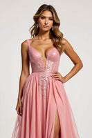 Load image into Gallery viewer, Pink A Line Tulle V-Neck Long Prom Dress with slit