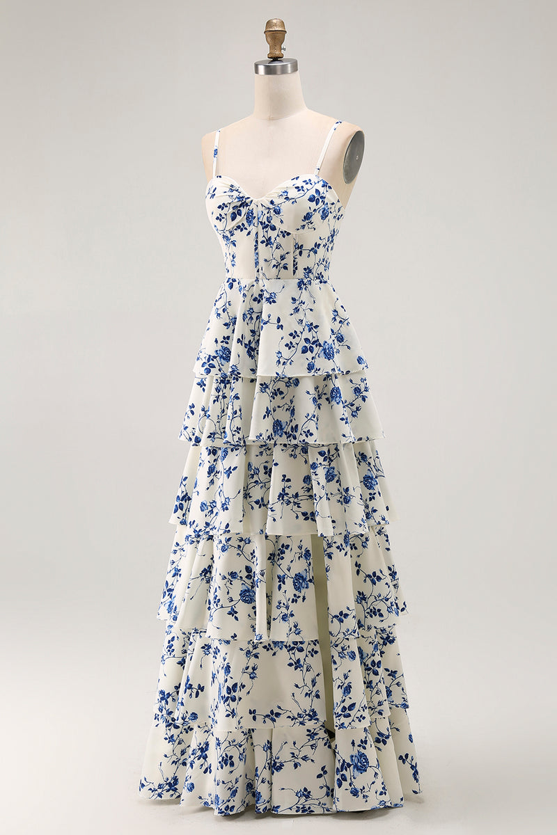Load image into Gallery viewer, Chiffon Sweetheart Blue Flower Tiered Maxi Prom Dress with Slit